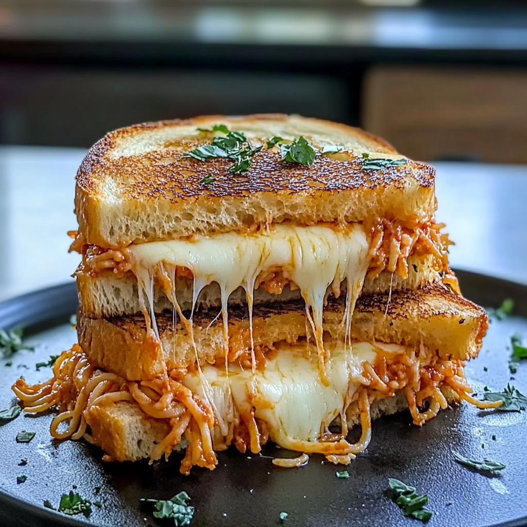 Recipe preparation for Spaghetti Grilled Cheese Sandwich