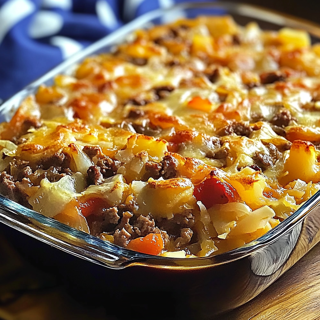 Recipe preparation for Savory Cabbage Beef Bake