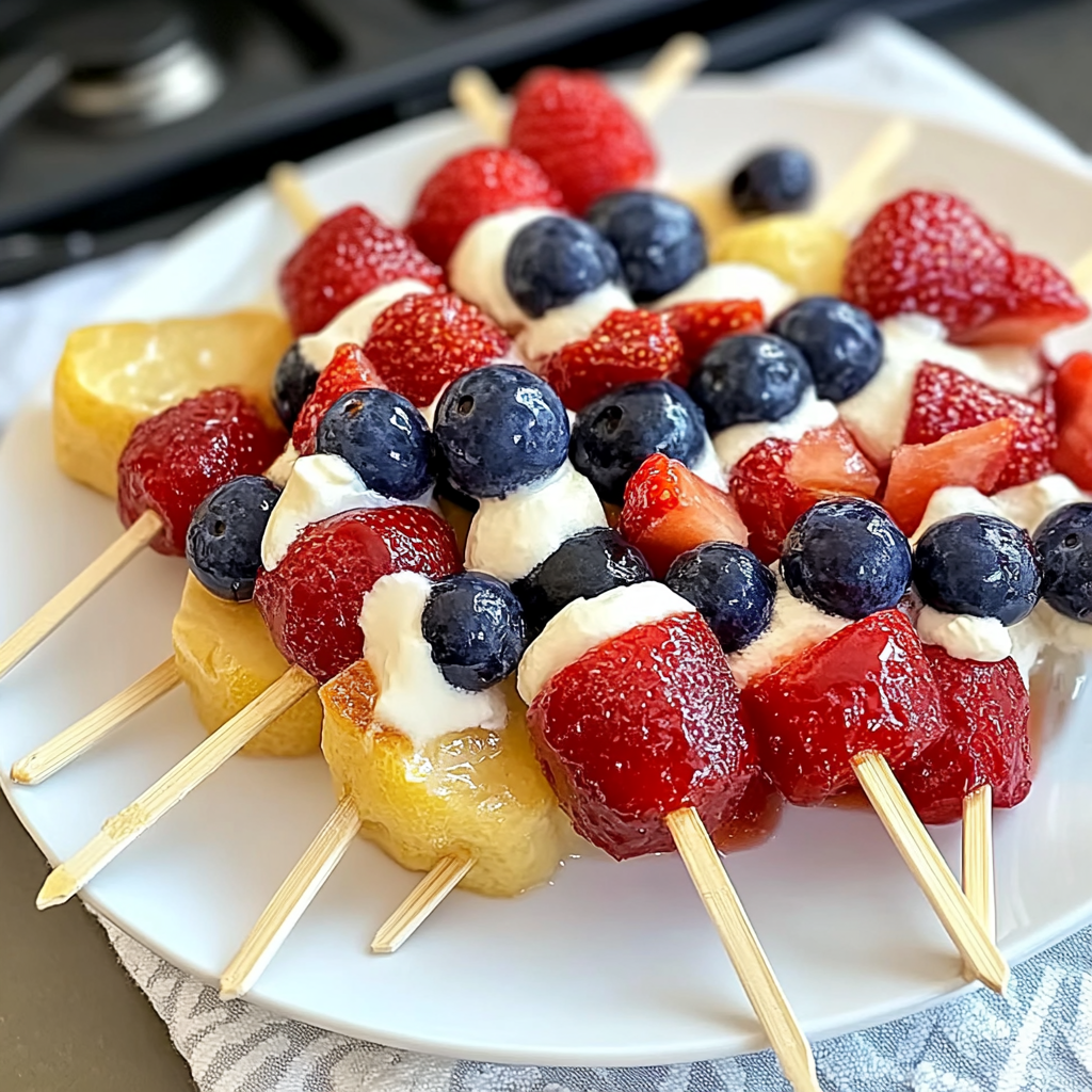 Recipe preparation for Red, White and Blue Fruit Kabobs