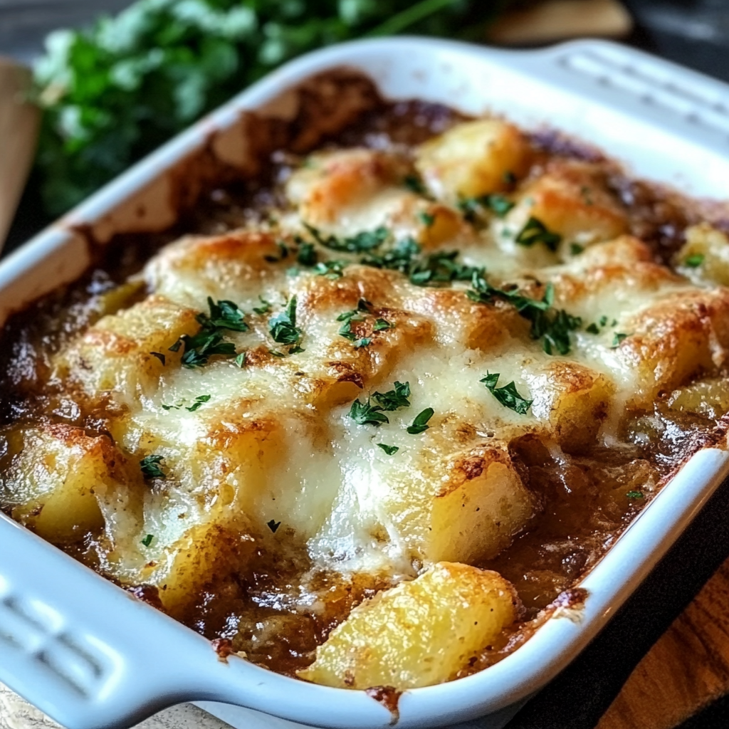 Recipe preparation for French Onion Potato Bake Recipe