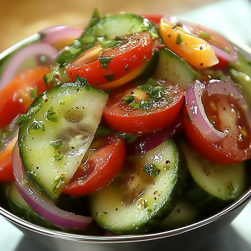 Recipe preparation for Marinated Cucumber, Tomato & Onion Salad