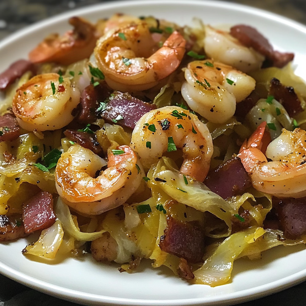 Recipe preparation for Fried Cabbage with Shrimp, Sausage & Bacon