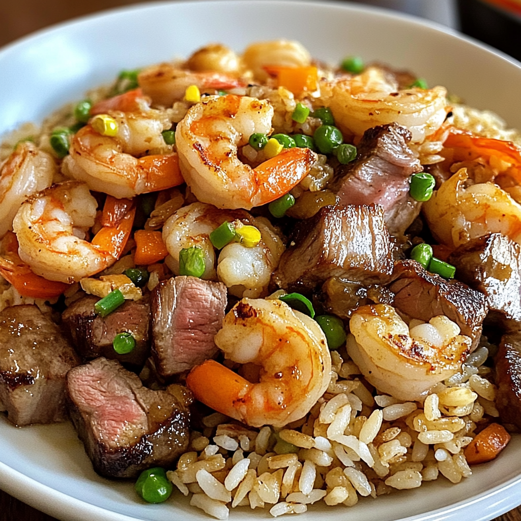 Recipe preparation for Shrimp and Steak Fried Rice