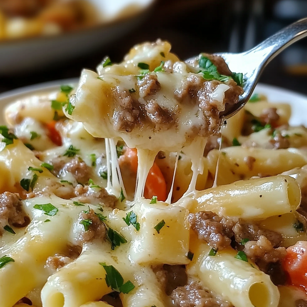 Recipe preparation for Philly Cheesesteak Pasta Delight