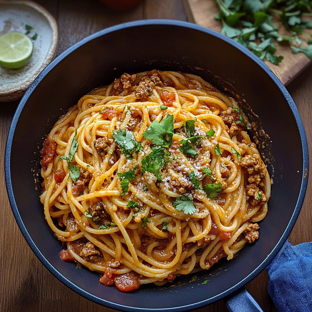 Recipe preparation for Cheesy Taco Spaghetti Fusion