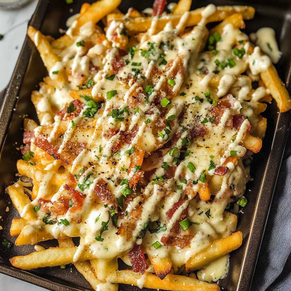 Recipe preparation for Jalapeño Bacon Ranch Chicken Cheese Fries