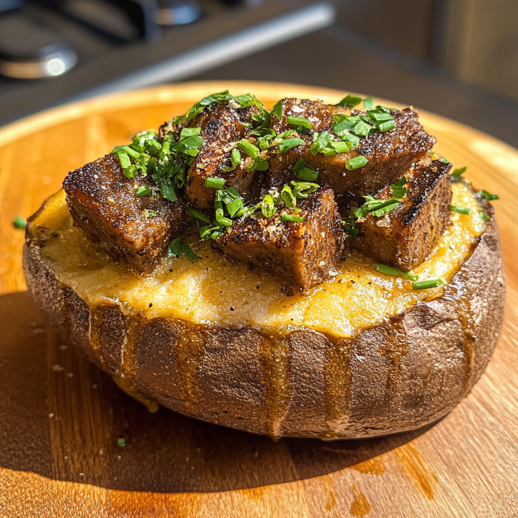 Recipe preparation for Loaded Baked Potato with Steak Bites