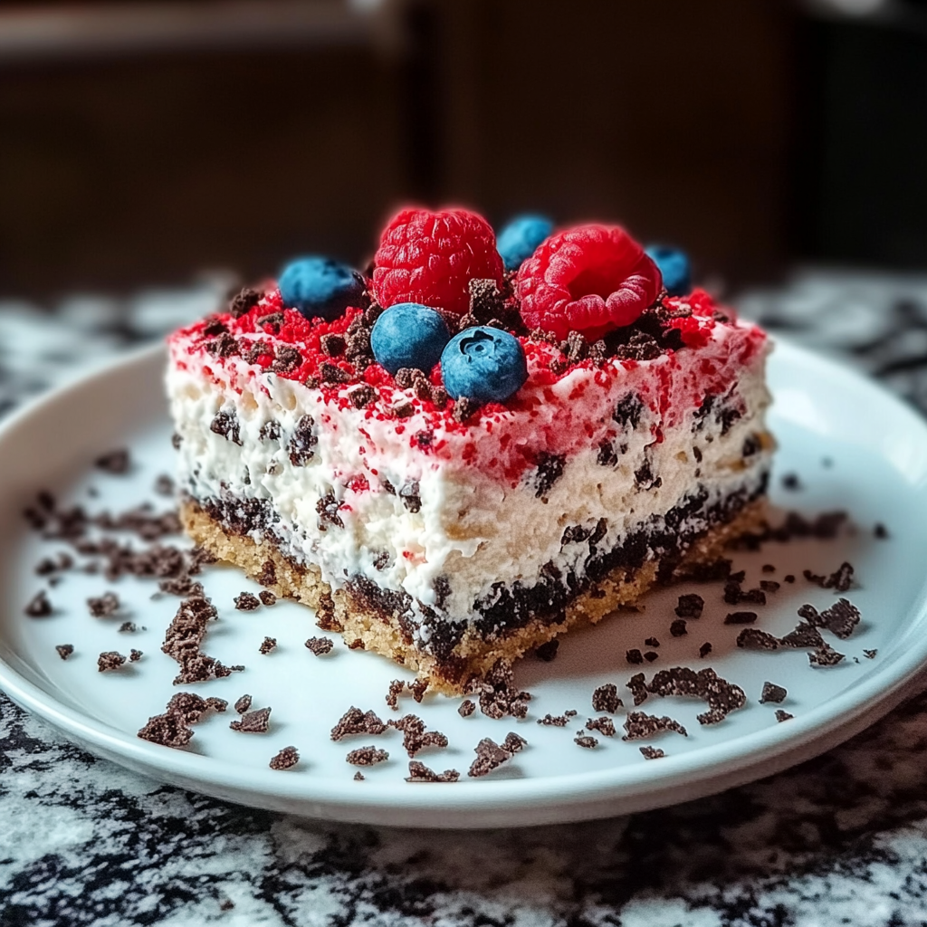 Recipe preparation for No Bake Fireworks Oreo Cheesecake bars
