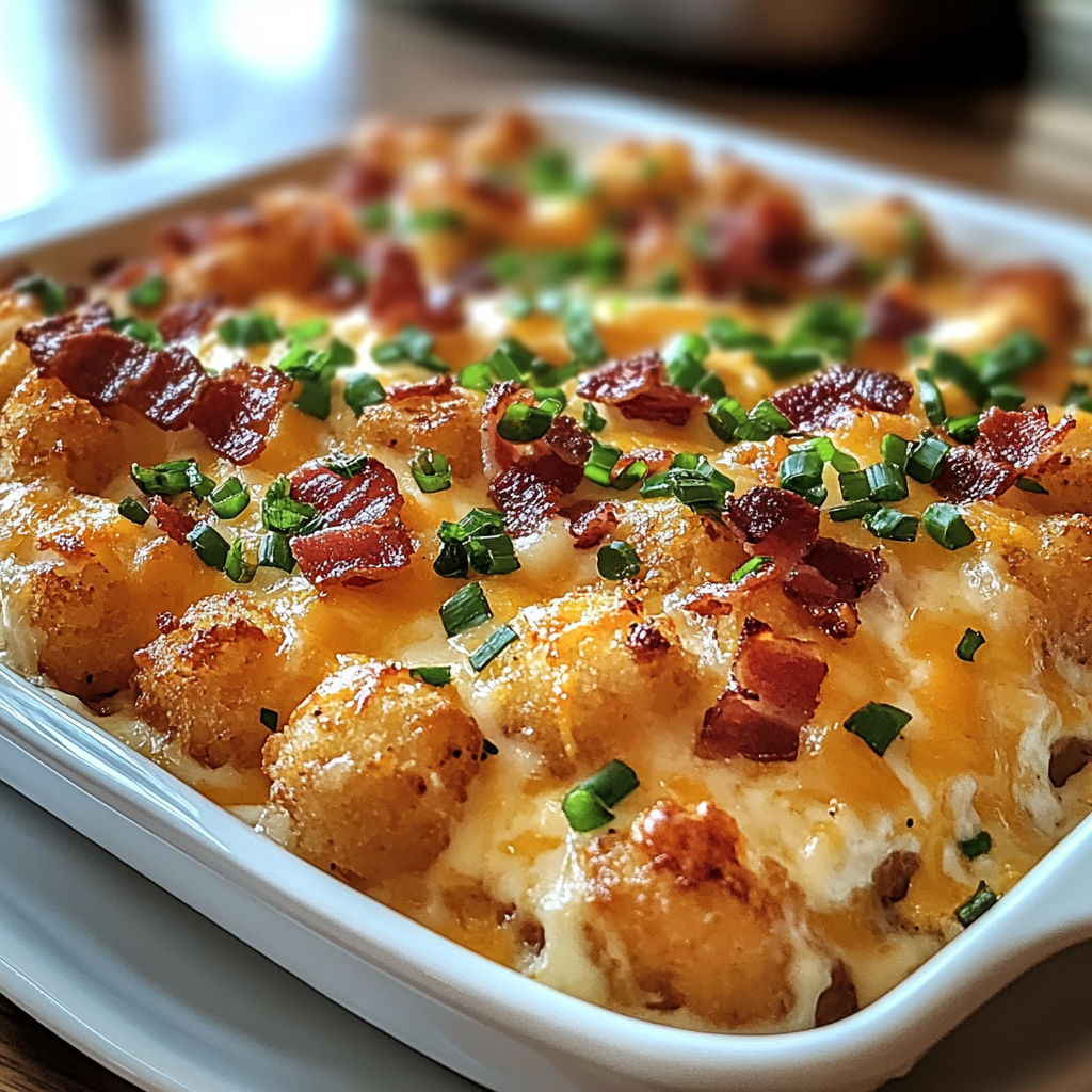 Recipe preparation for Easy Chicken Bacon Ranch Tater Tot Casserole