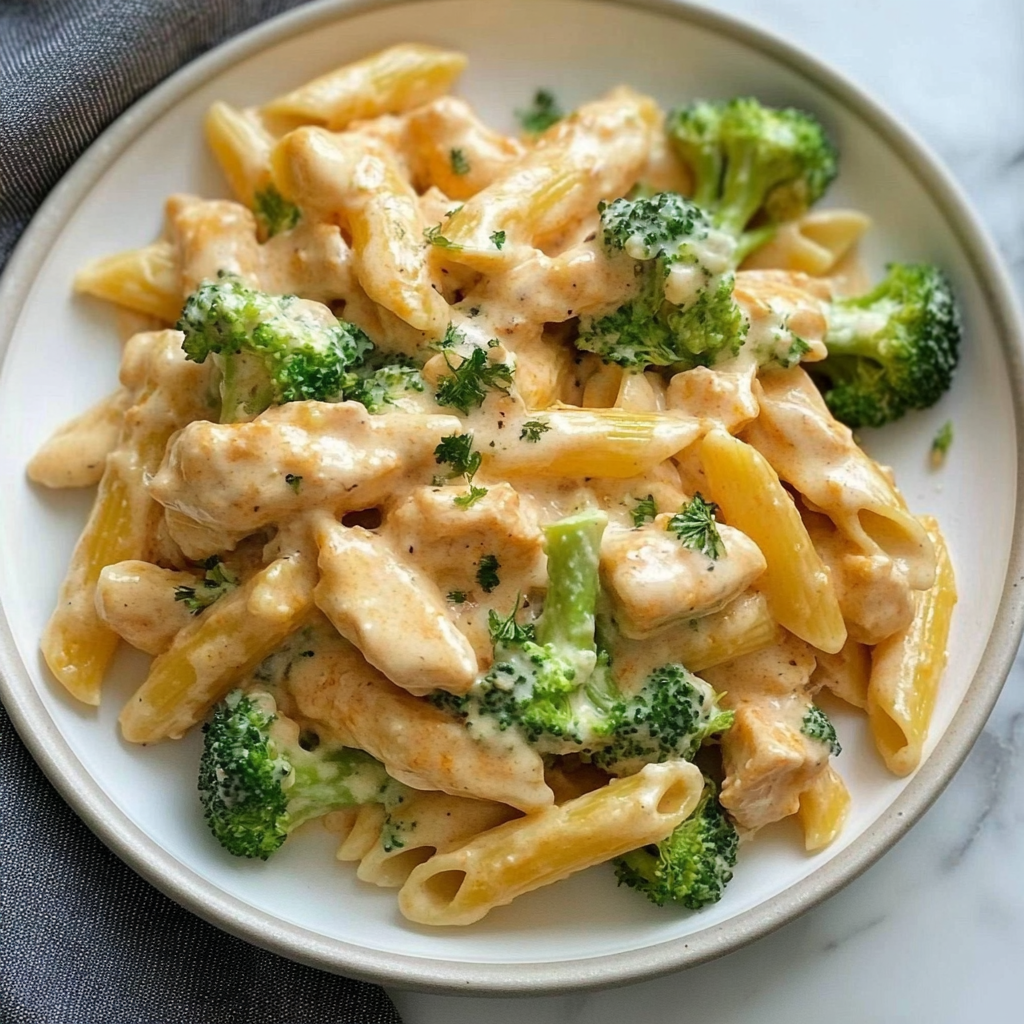 Recipe preparation for Creamy Buffalo Chicken and Broccoli Pasta