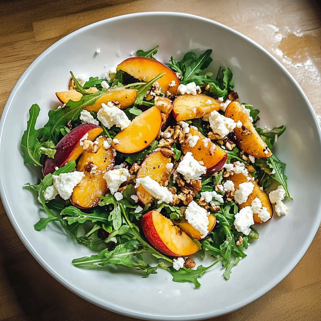 Recipe preparation for Peach Feta Arugula Salad
