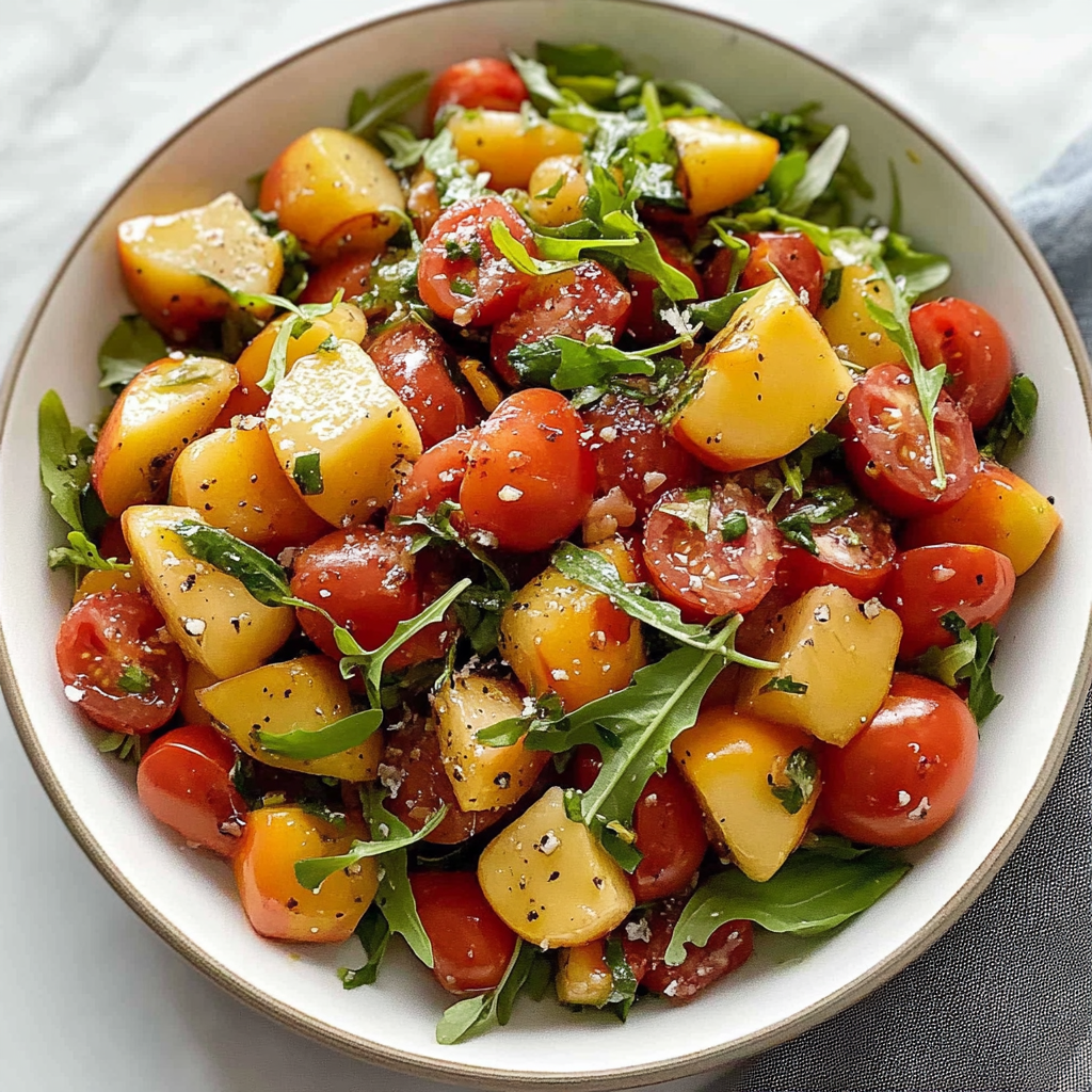 Recipe preparation for Heirloom Tomato and Peach Salad with Basil Vinaigrette