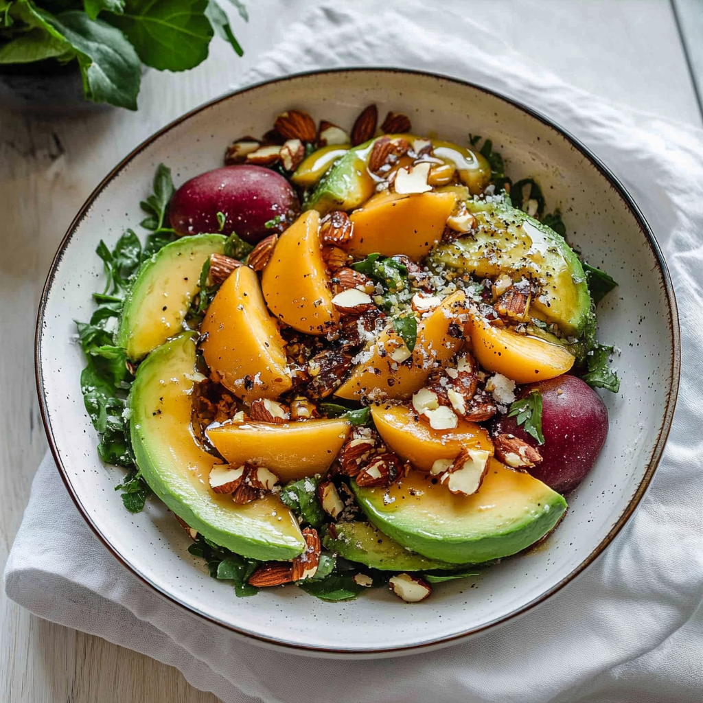 Recipe preparation for Peach Salad with Avocado and Toasted Almonds