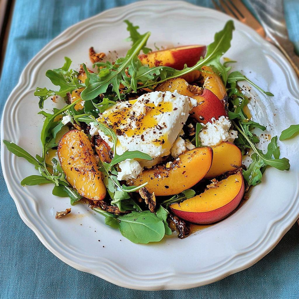 Recipe preparation for Grilled Peach Salad with Feta and Arugula