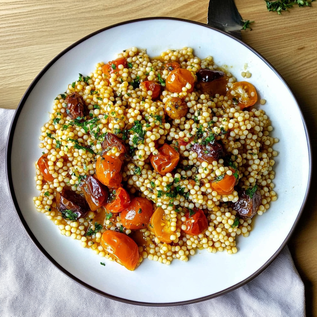Recipe preparation for Pearl Couscous with Sautéed Cherry Tomatoes