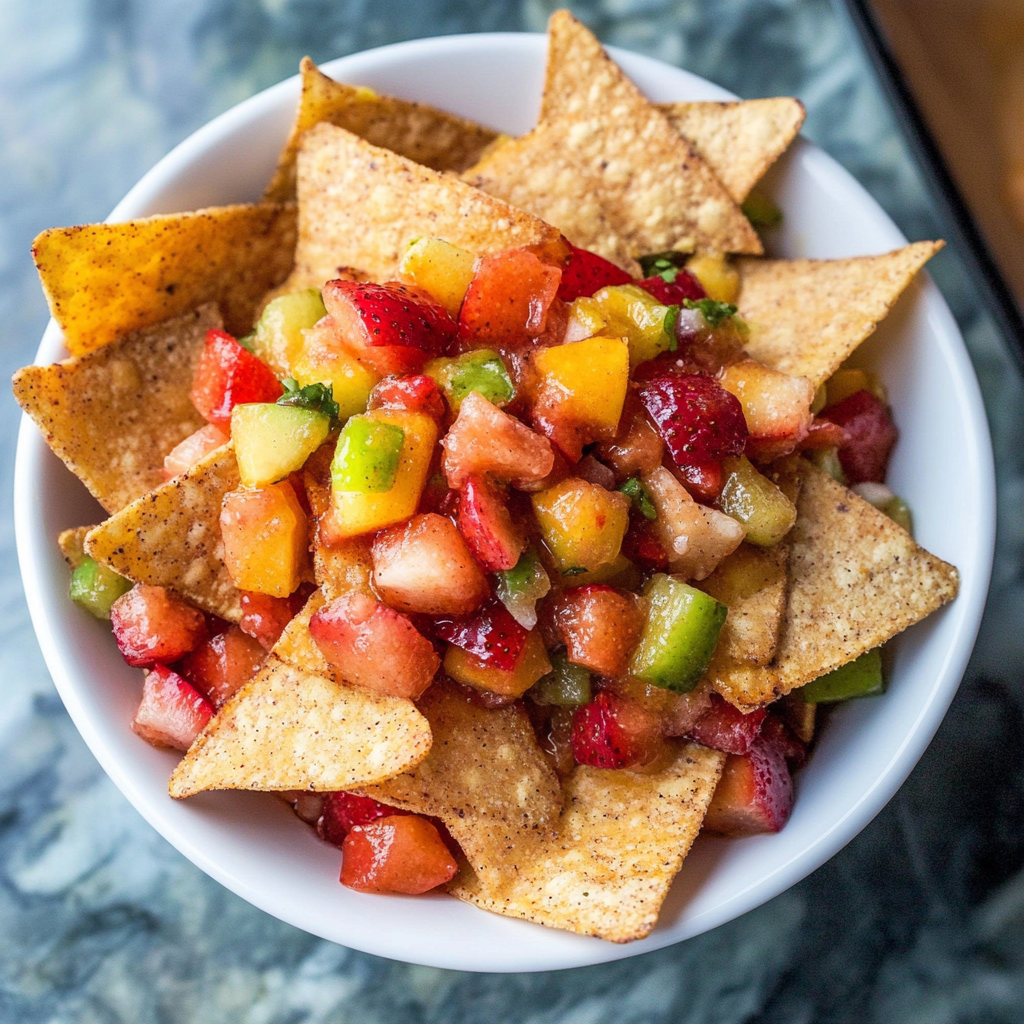 Recipe preparation for Fruit Salsa with Cinnamon Sugar Tortilla Chips