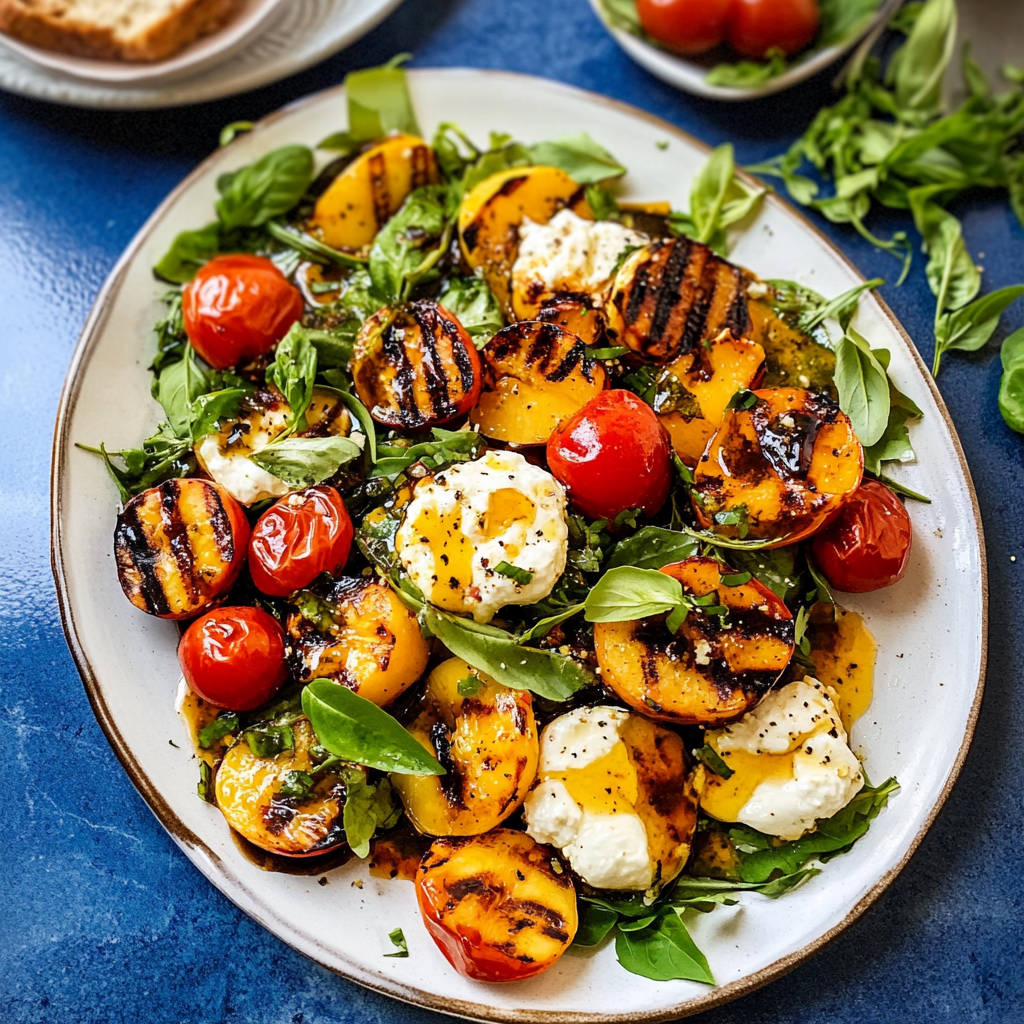 Recipe preparation for Grilled Peach & Burrata Salad