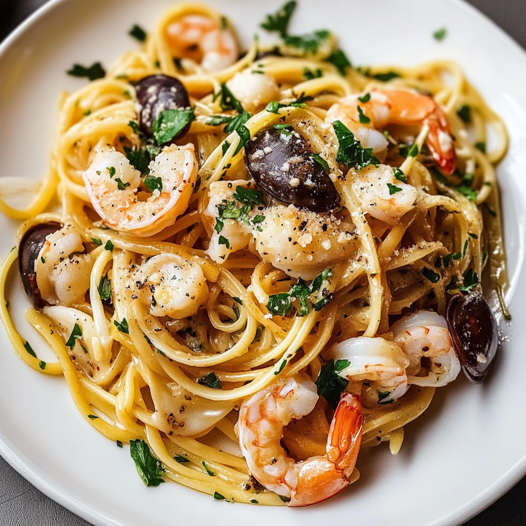 Recipe preparation for Authentic Almond Seafood Pasta