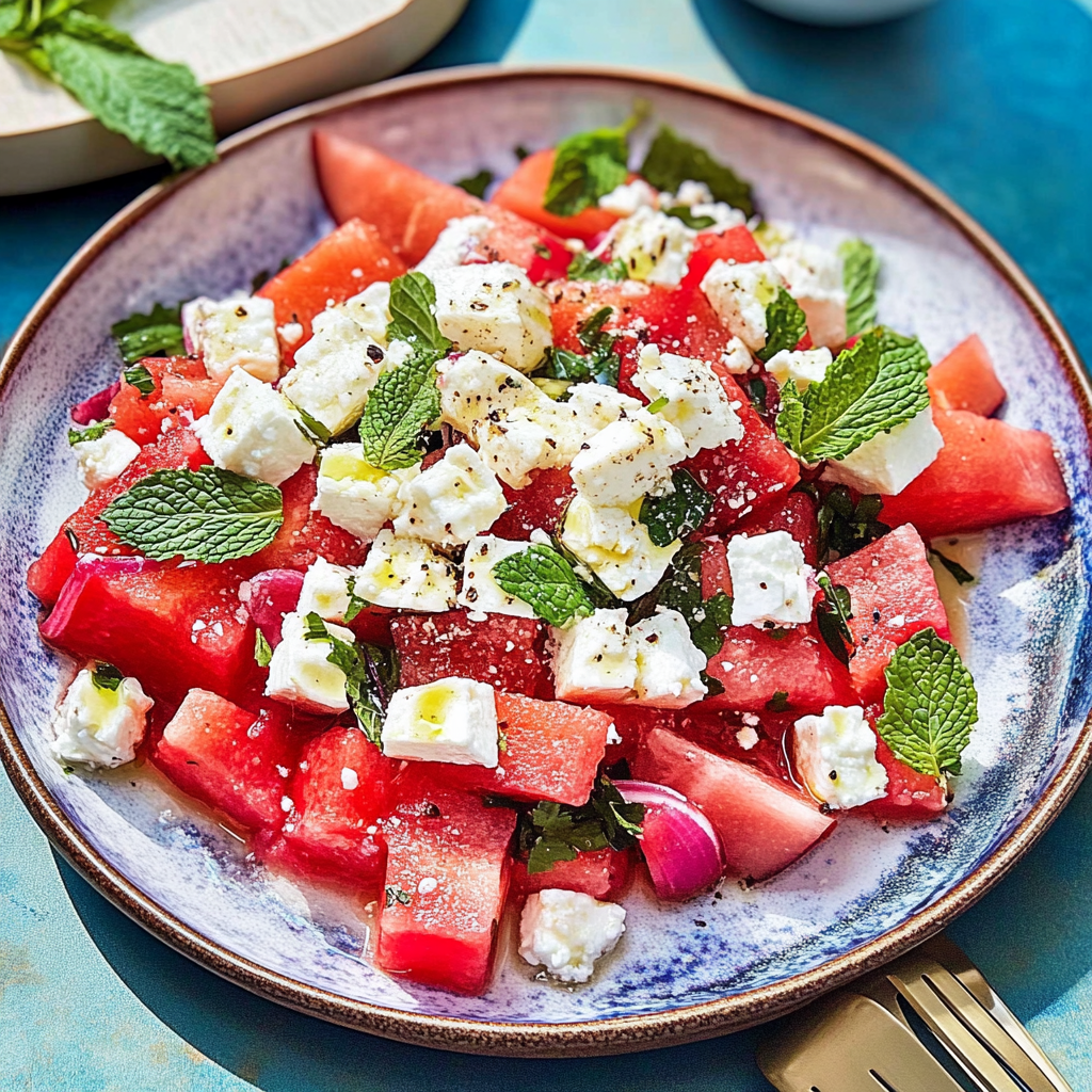 Recipe preparation for Watermelon Feta Mint Salad