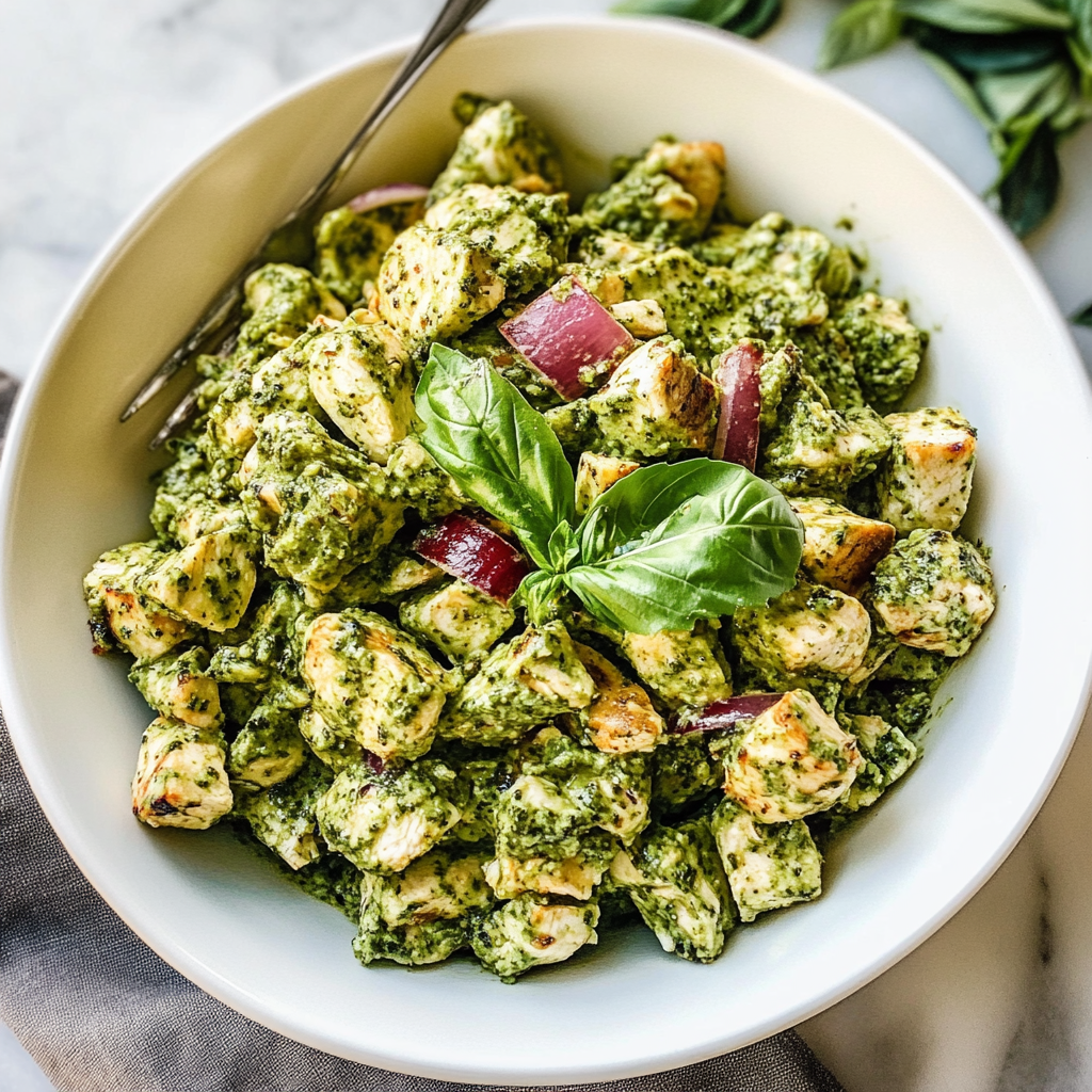 Recipe preparation for Savory Pesto Chicken Delight Salad