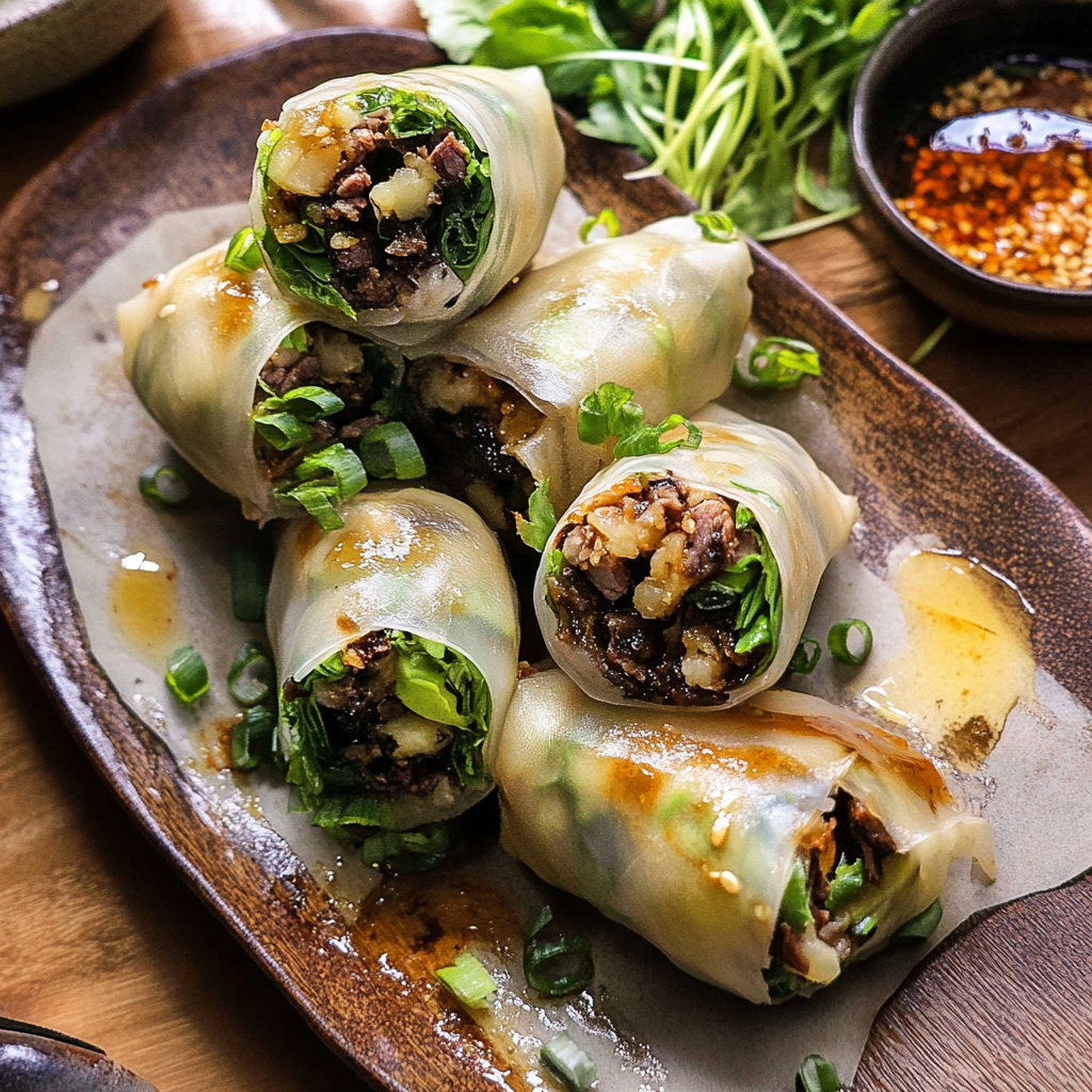 Recipe preparation for Thai Basil Beef Rolls