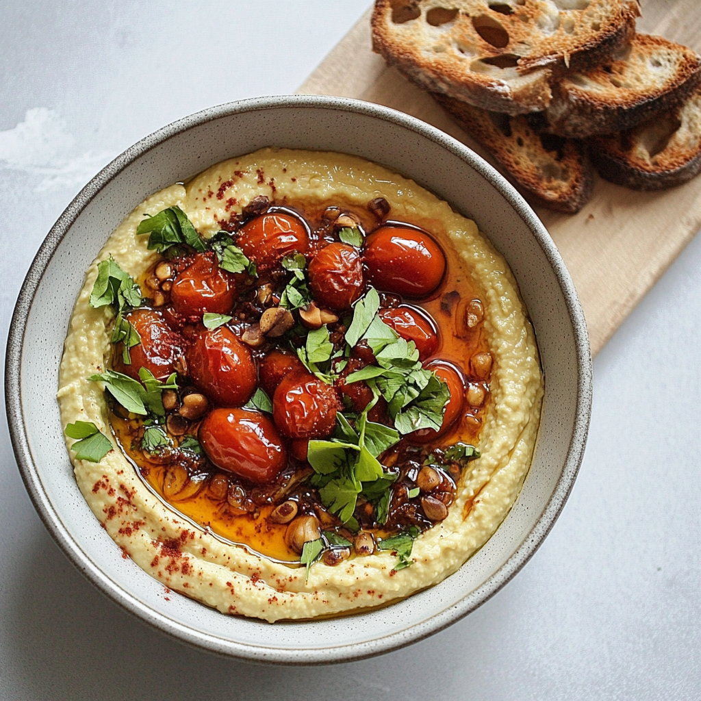 Recipe preparation for Creamy Hummus with Roasted Cherry Tomatoes