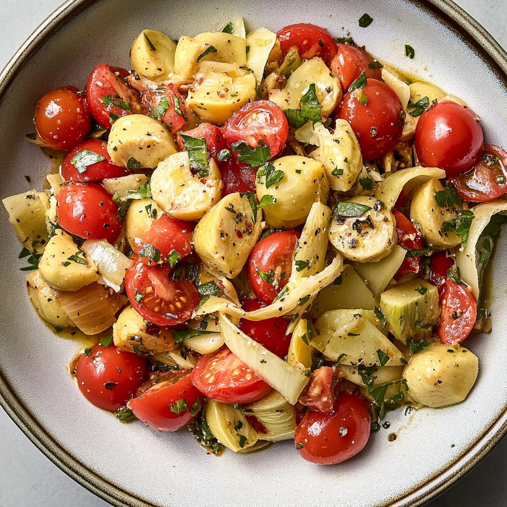 Recipe preparation for Tuscan Artichoke Tomato Salad