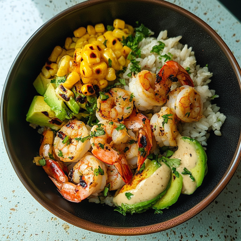 Recipe preparation for Grilled Shrimp Bowl with Avocado,