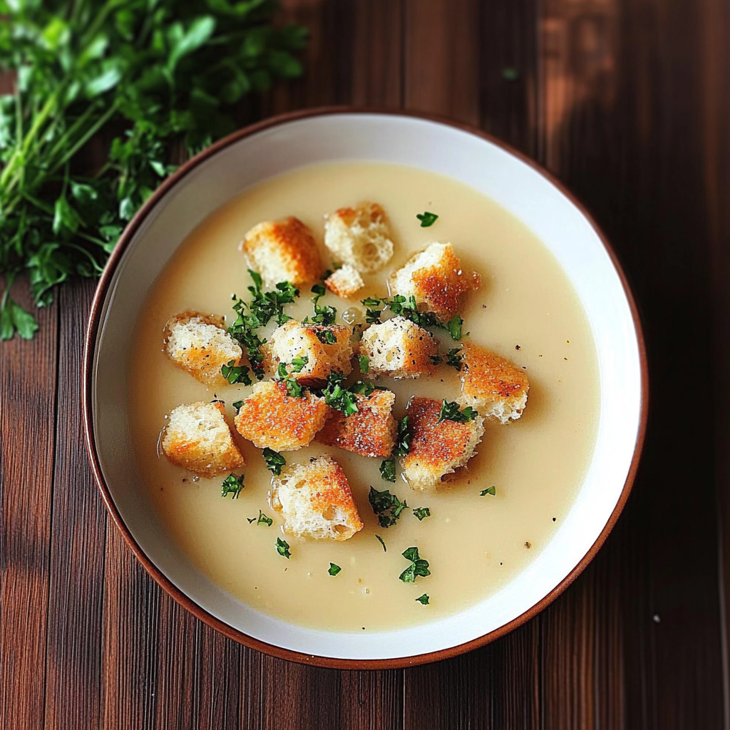 Recipe preparation for Creamy Garlic Bread Soup with Homemade Croutons