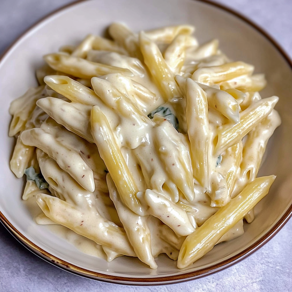 Recipe preparation for Creamy Garlic Penne Pasta