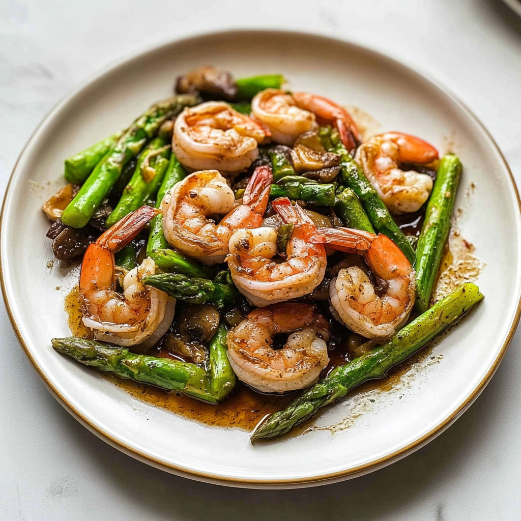 Recipe preparation for Shrimp and Asparagus Stir-Fry with Mushrooms