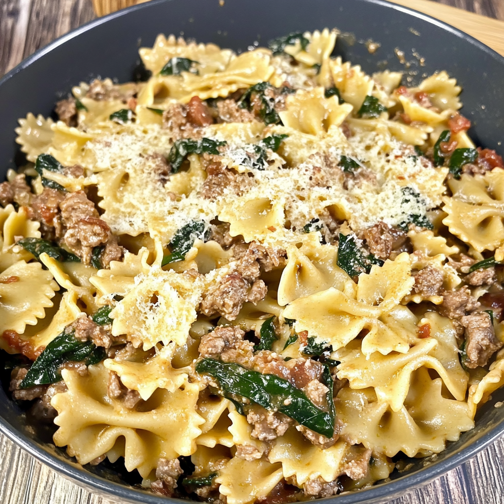 Recipe preparation for Creamy Parmesan Garlic Beef Bowtie Pasta
