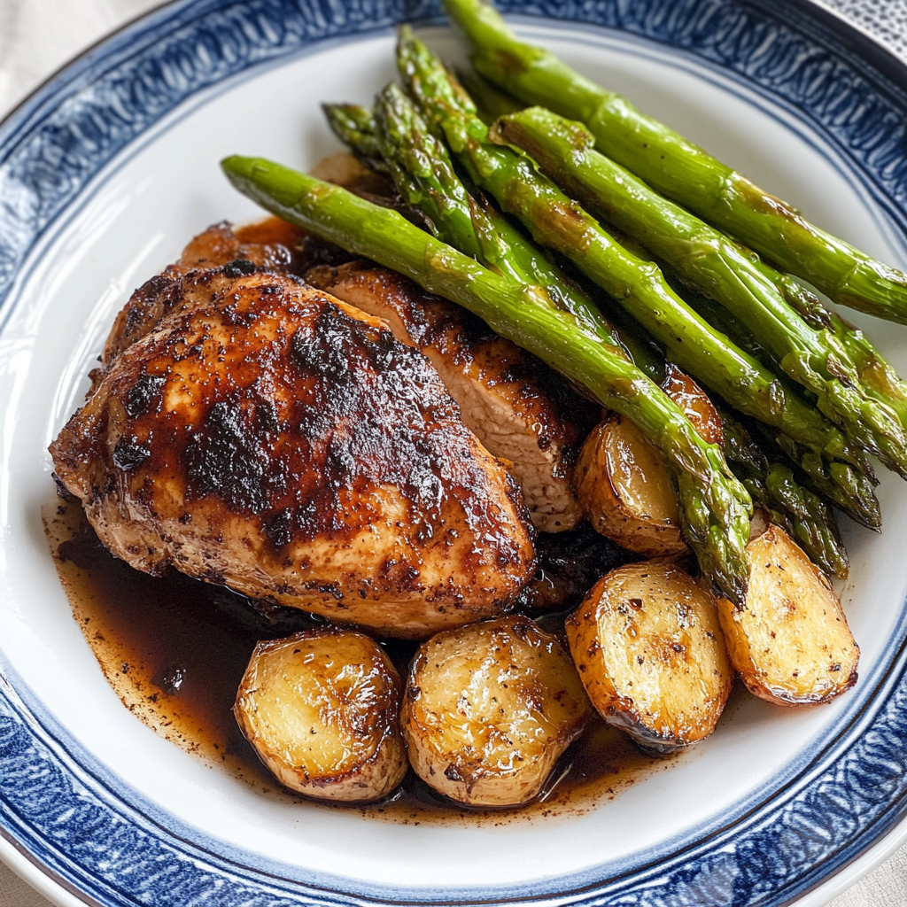 Recipe preparation for One-Pan Balsamic Chicken and Asparagus