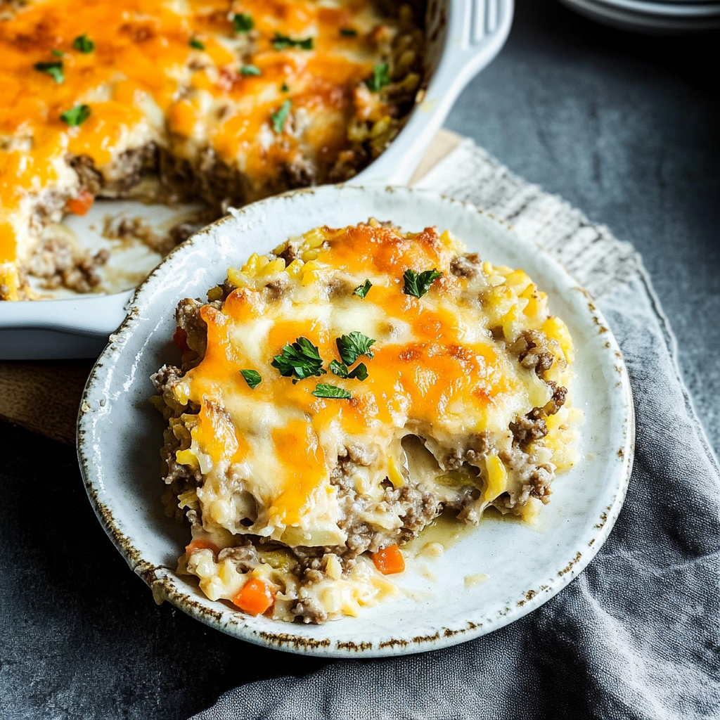Recipe preparation for Cheesy Hamburger Rice Casserole