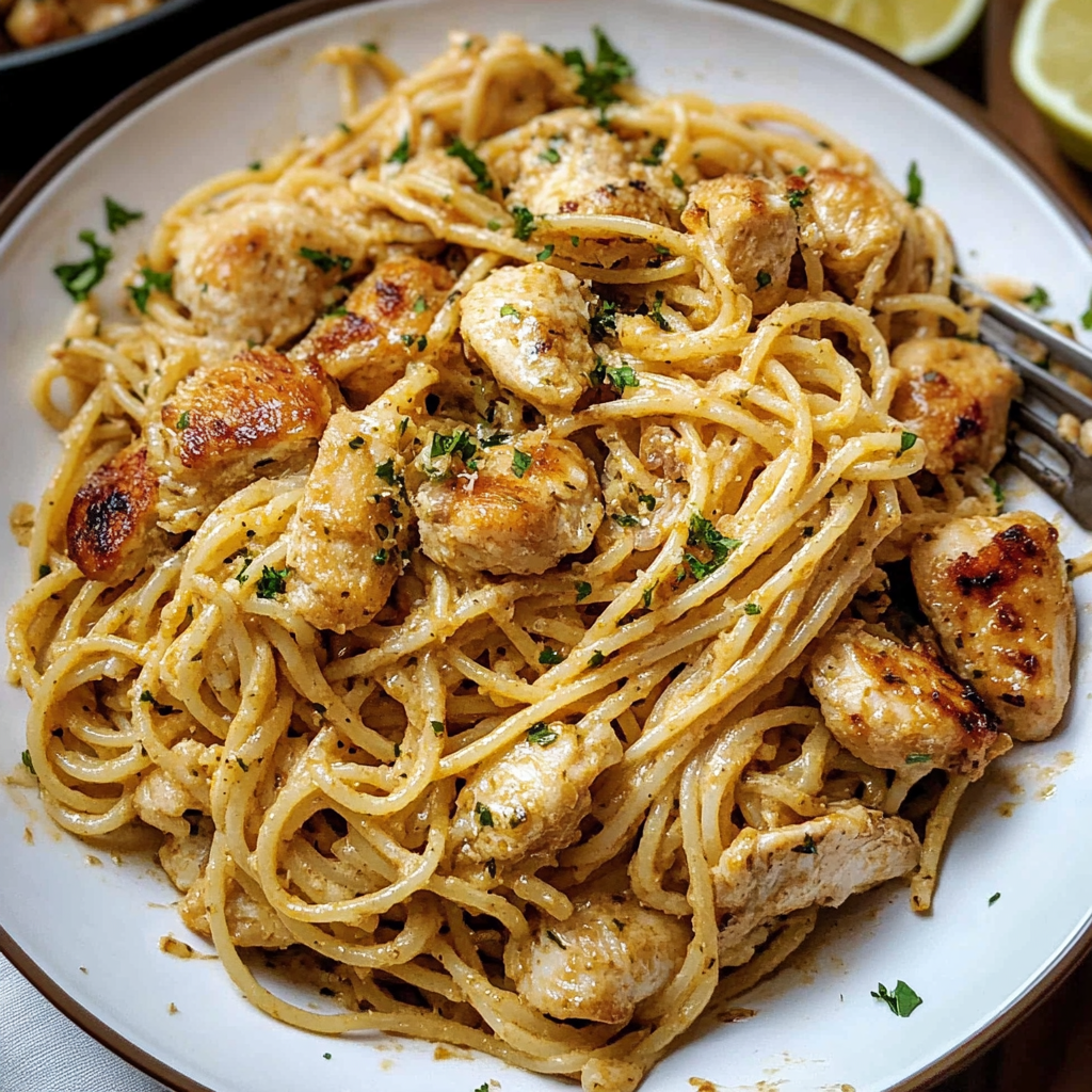Recipe preparation for Creamy Garlic Parmesan Chicken with Cheesy Spaghetti