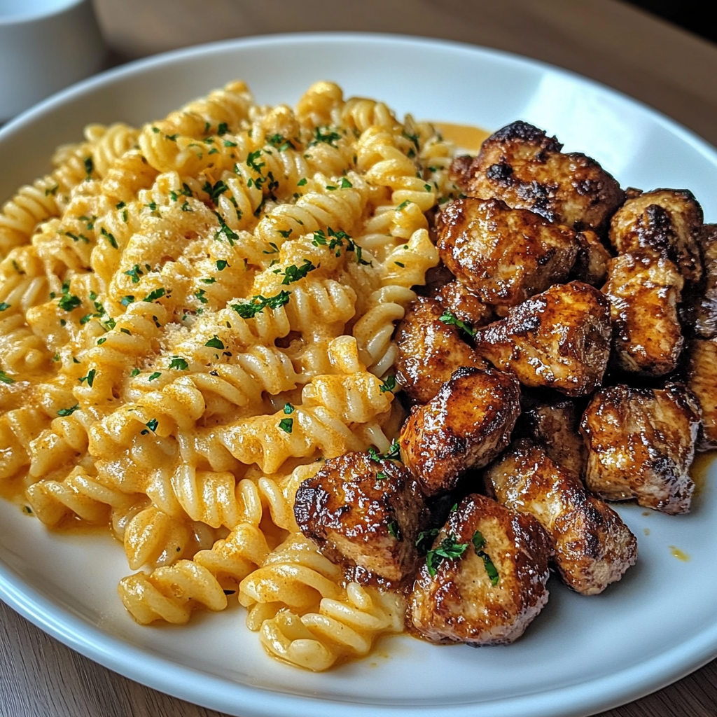 Recipe preparation for Garlic Butter Chicken Bites & Spicy Cajun Alfredo Twisted Pasta