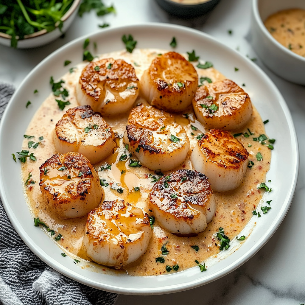 Recipe preparation for Easy Seared Scallops Recipe with Spicy Cajun Cream Sauce