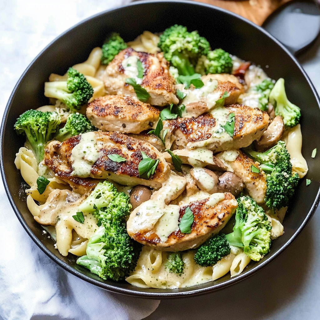 Recipe preparation for Spinach-Artichoke Greek Chicken Alfredo & Crispy Parmesan Broccoli with Mushroom Basil Cream
