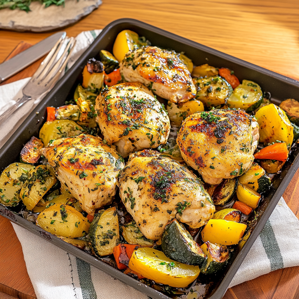 Recipe preparation for Insanely Good One-Pan Herb Chicken & Roasted Veggie Bake