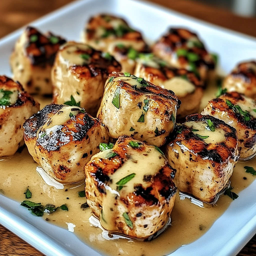 Recipe preparation for Creamy Garlic Sauce with Grilled Chicken Bites