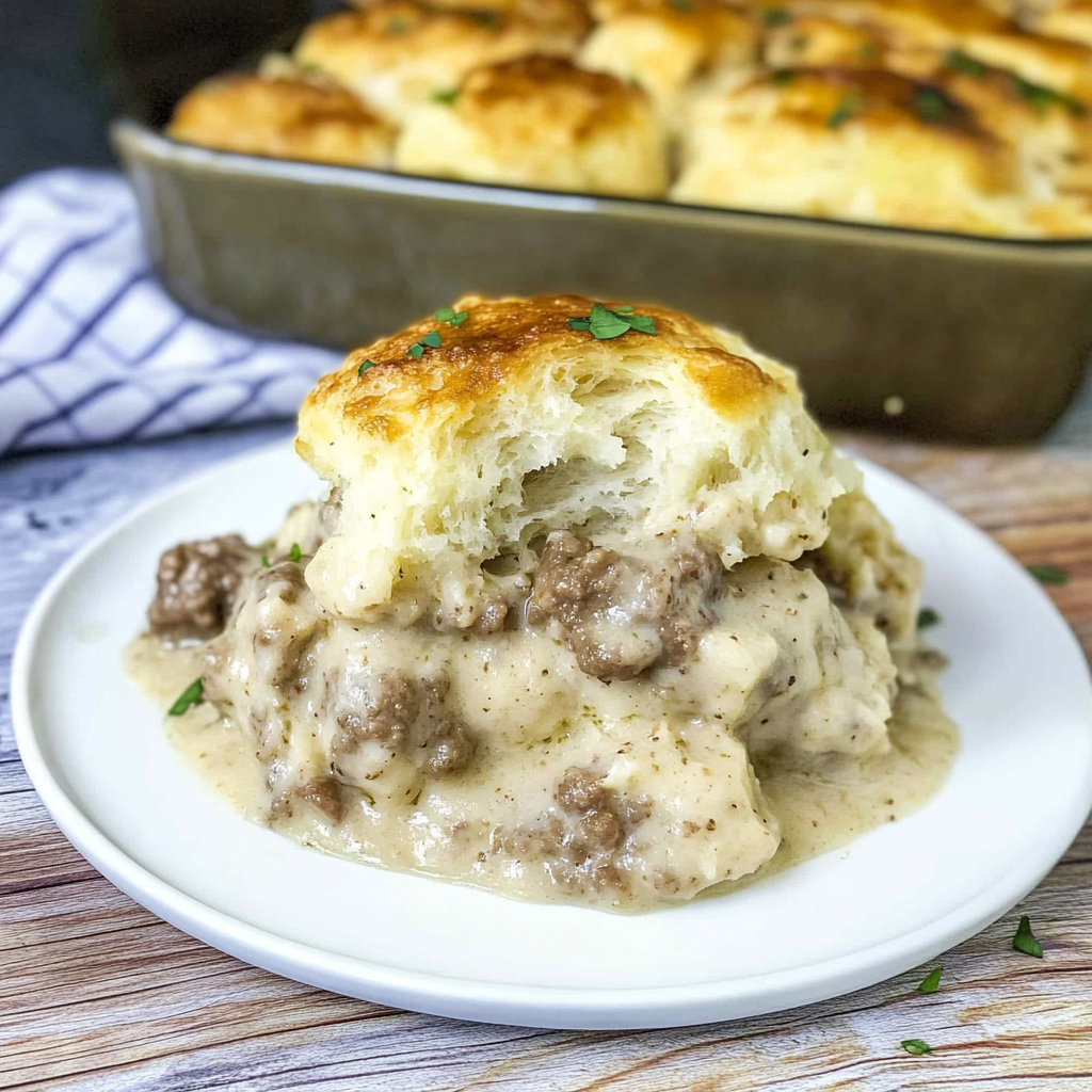 Recipe preparation for Biscuits and Gravy Casserole