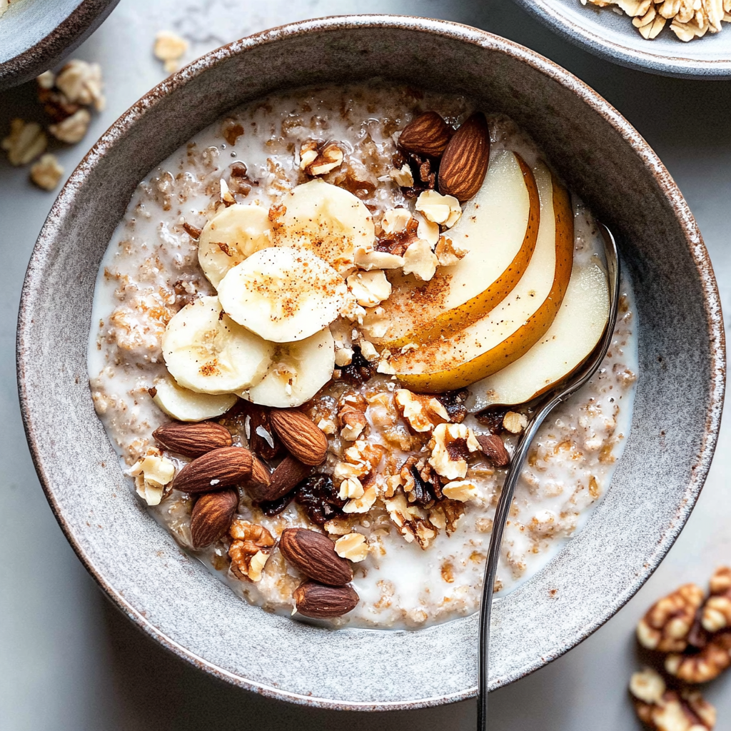 Recipe preparation for Bircher Muesli with toasted coconut, nuts, pears