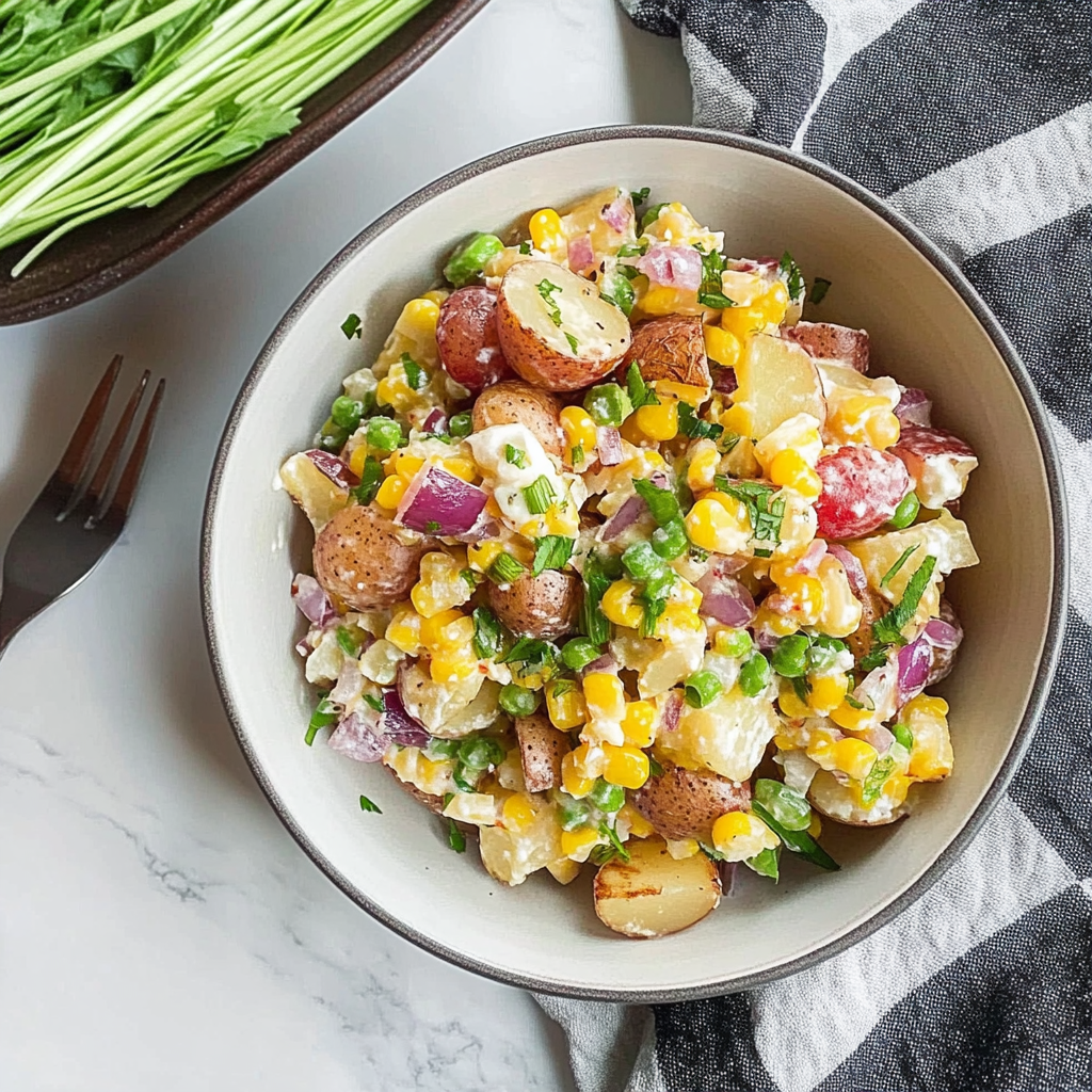 Recipe preparation for Corn & Potato Salad with Lemon-Buttermilk Dressing