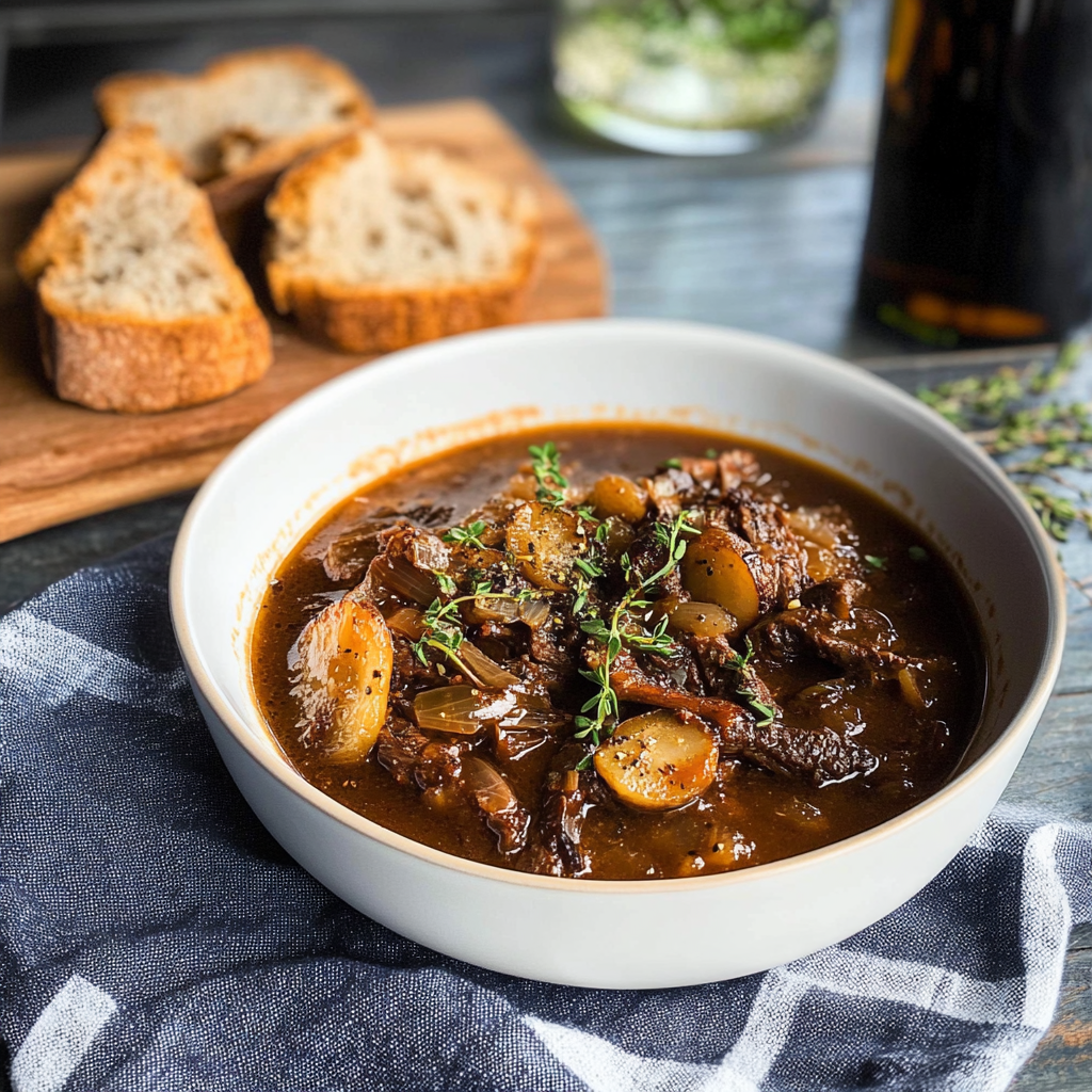 Recipe preparation for French Onion Beef Short Rib Soup Recipe