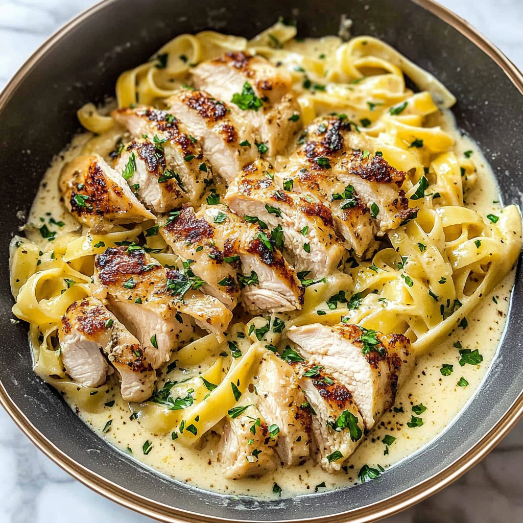 Recipe preparation for Crispy Chicken with Creamy Pasta