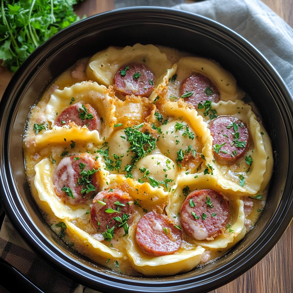 Recipe preparation for Crockpot Pierogi Casserole with Kielbasa and Cream Cheese