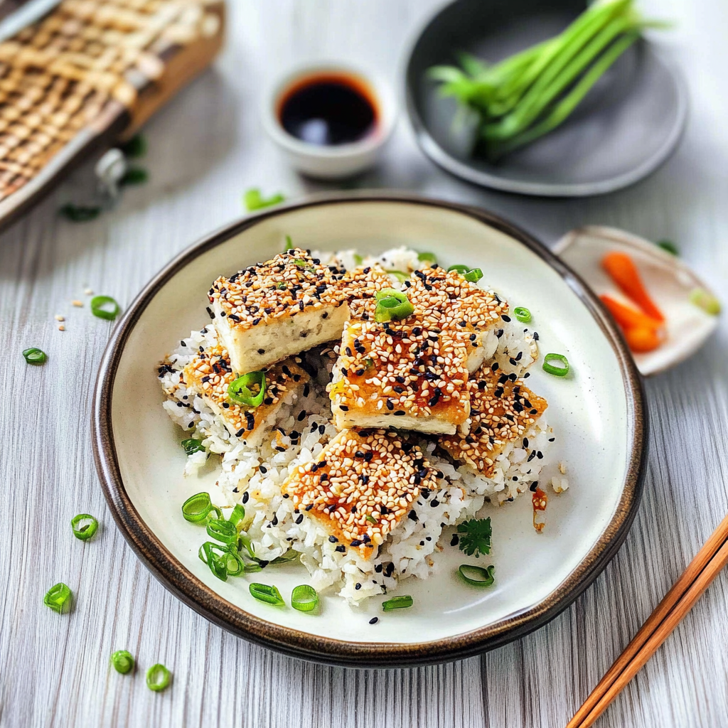 Recipe preparation for Sesame Crusted Tofu with Coconut Rice
