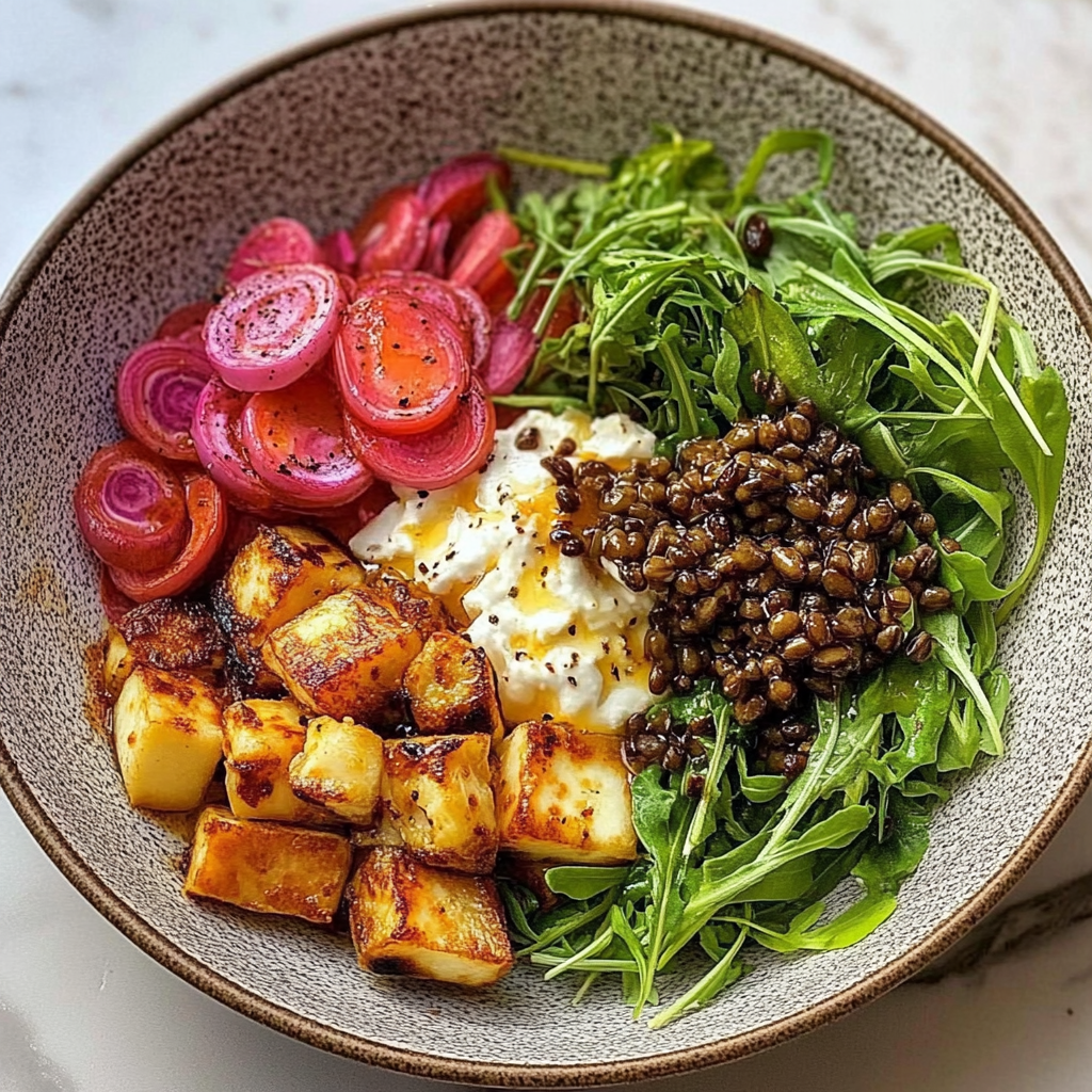 Recipe preparation for Summer Bowl with Hot Honey Halloumi