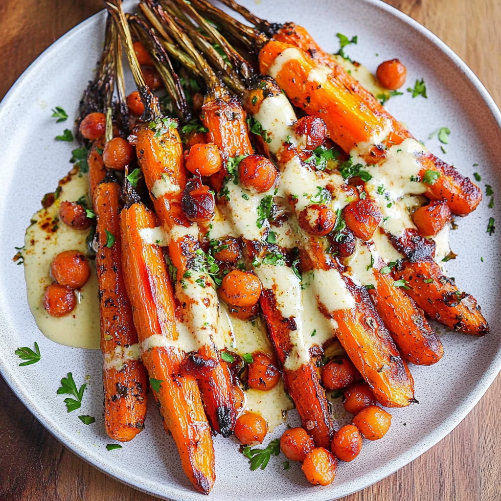 Recipe preparation for Spicy Maple Roast Carrots with Crispy Chickpeas and Yogurt Sauce
