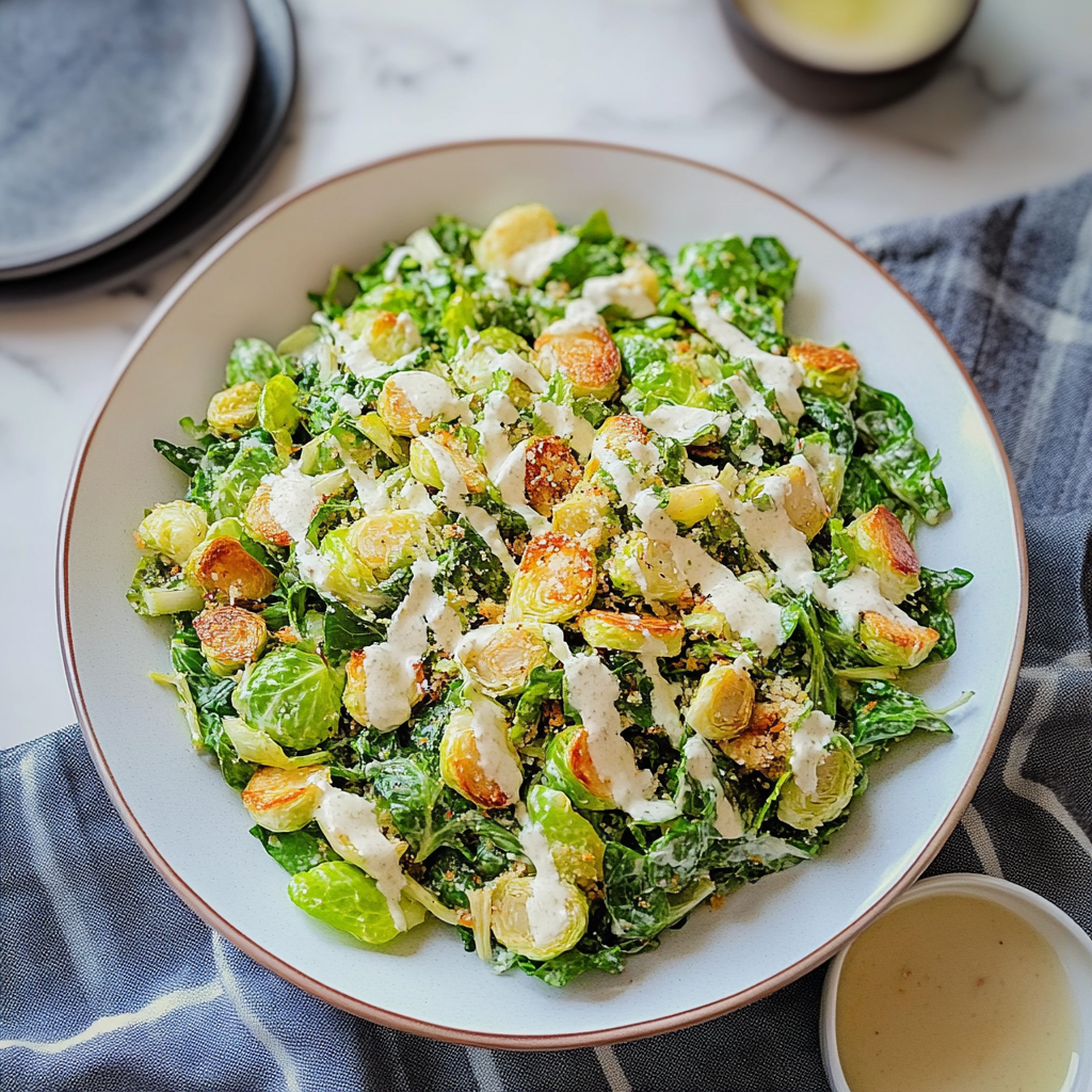 Recipe preparation for Delicious Brussels Sprout Caesar Salad with Crispy Breadcrumbs